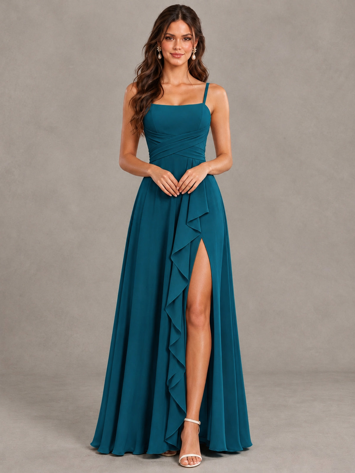 BOLODOO Peacock Spaghetti Strap Ruffle Bridesmaid Dress with Slit - Peacock - Peacock (4)