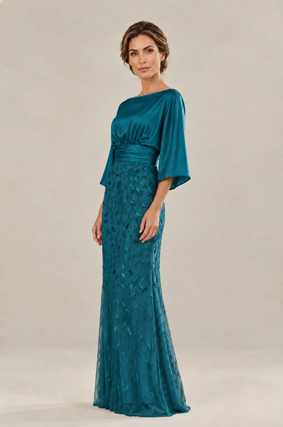 BOLODOO Peacock Mother of the Bride Dress with Kimono Sleeves, Satin Bodice & Sequin Embroidered Mermaid Floor-Length Gown - Peacock - Peacock (4)