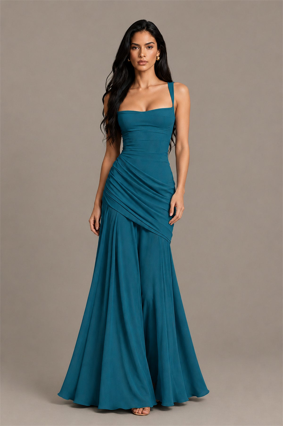 BOLODOO Square Neck Ruched A-Line Maxi Dress - Peacock Backless Evening Gown - Peacock
