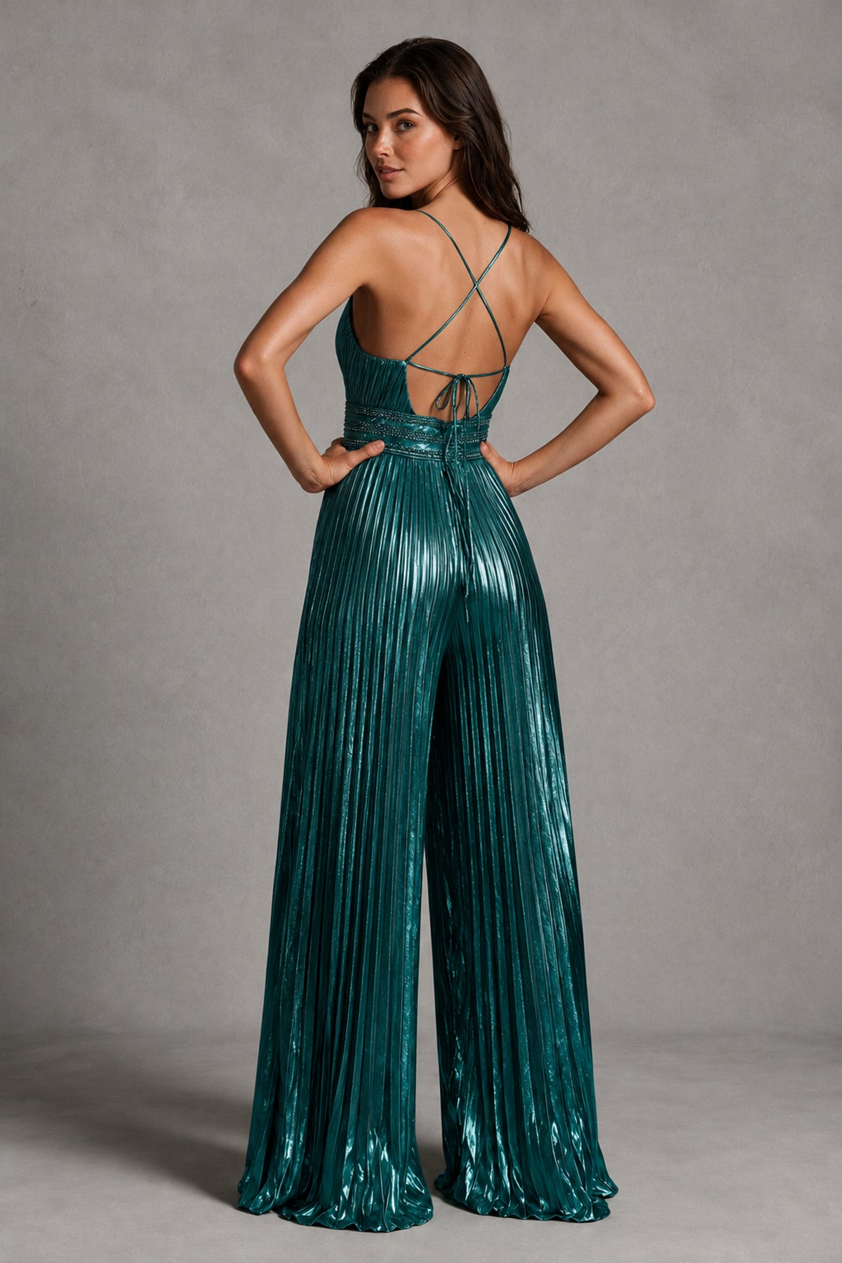 BOLODOO Peacock Pleated Wide-Leg Jumpsuit with Open Back - Peacock