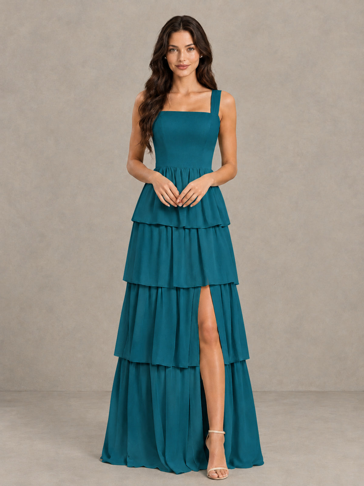 BOLODOO Peacock Square Neck Tiered Bridesmaid Dress with Slit - Peacock - Peacock (4)