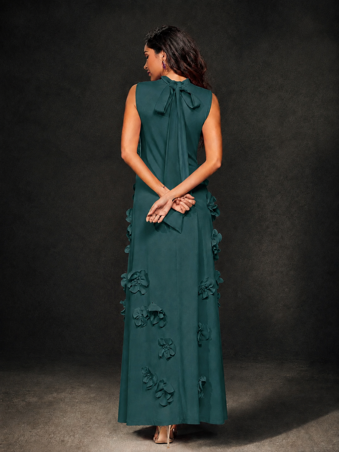 BOLODOO Peacock Mock Neck Sleeveless 3D Floral Appliqué Maxi Dress with Bow Back - Peacock