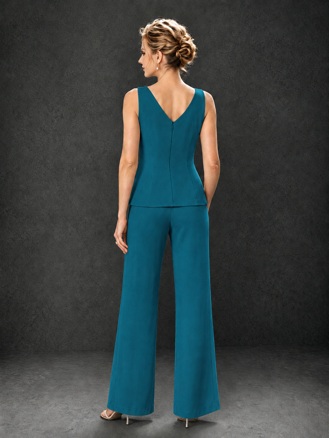 BOLODOO Peacock 3-Piece Mother of the Bride Pant Suit with Beaded Top & Chiffon Jacket - Peacock