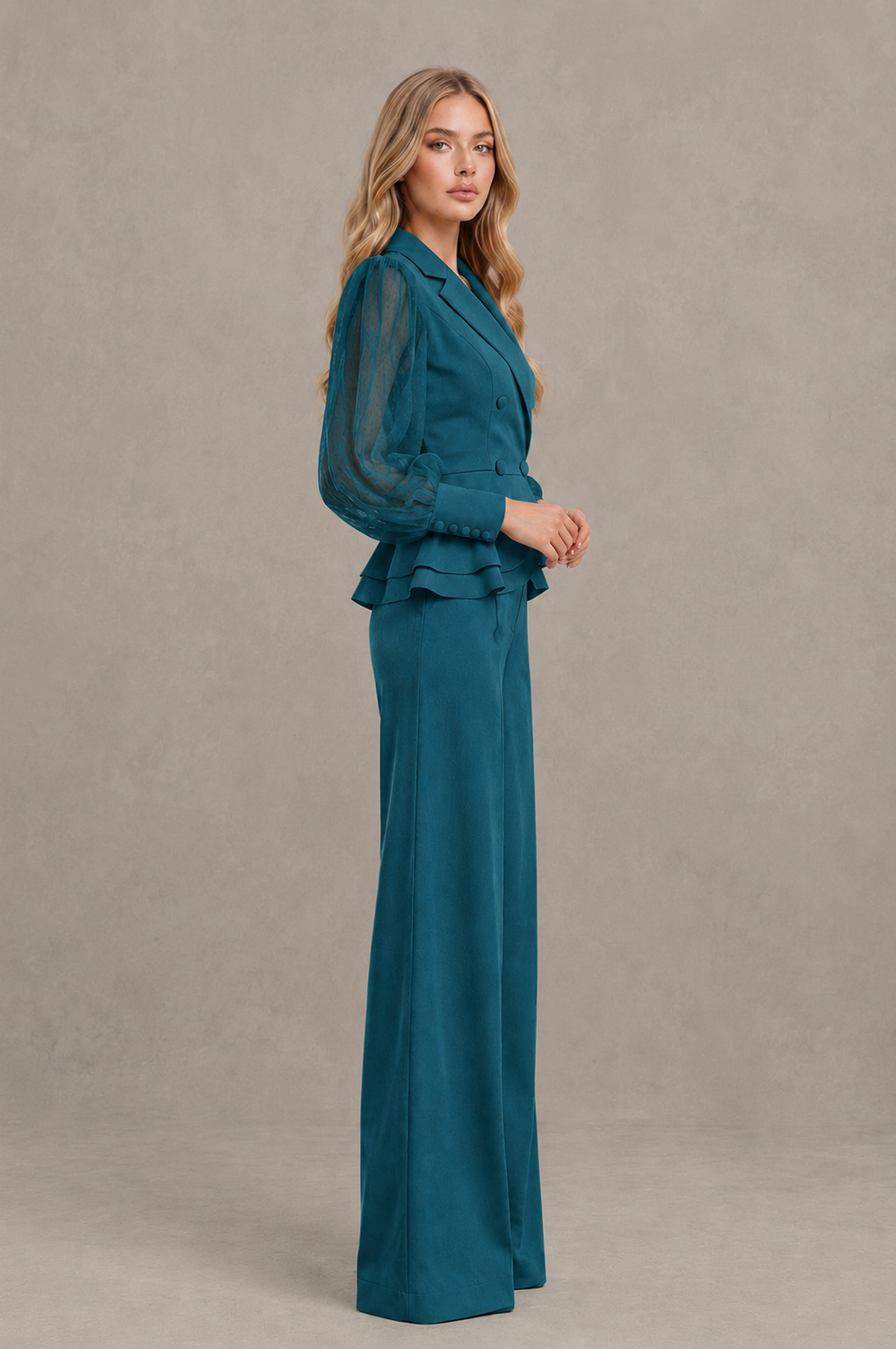 BOLODOO Mint Peacock Peplum Blazer Wide-Leg Pantsuit with Sheer Puff Sleeves - Peacock