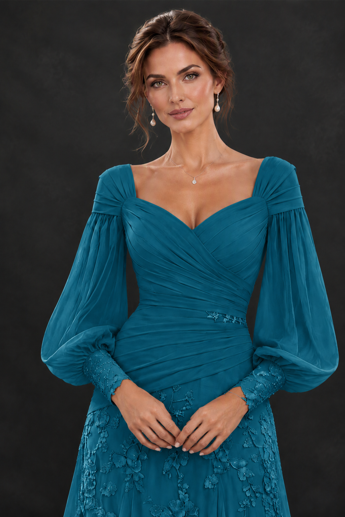 BOLODOO Peacock Long Sleeve Mother of the Bride Dress with Floral Appliqués - Peacock - Peacock (5)