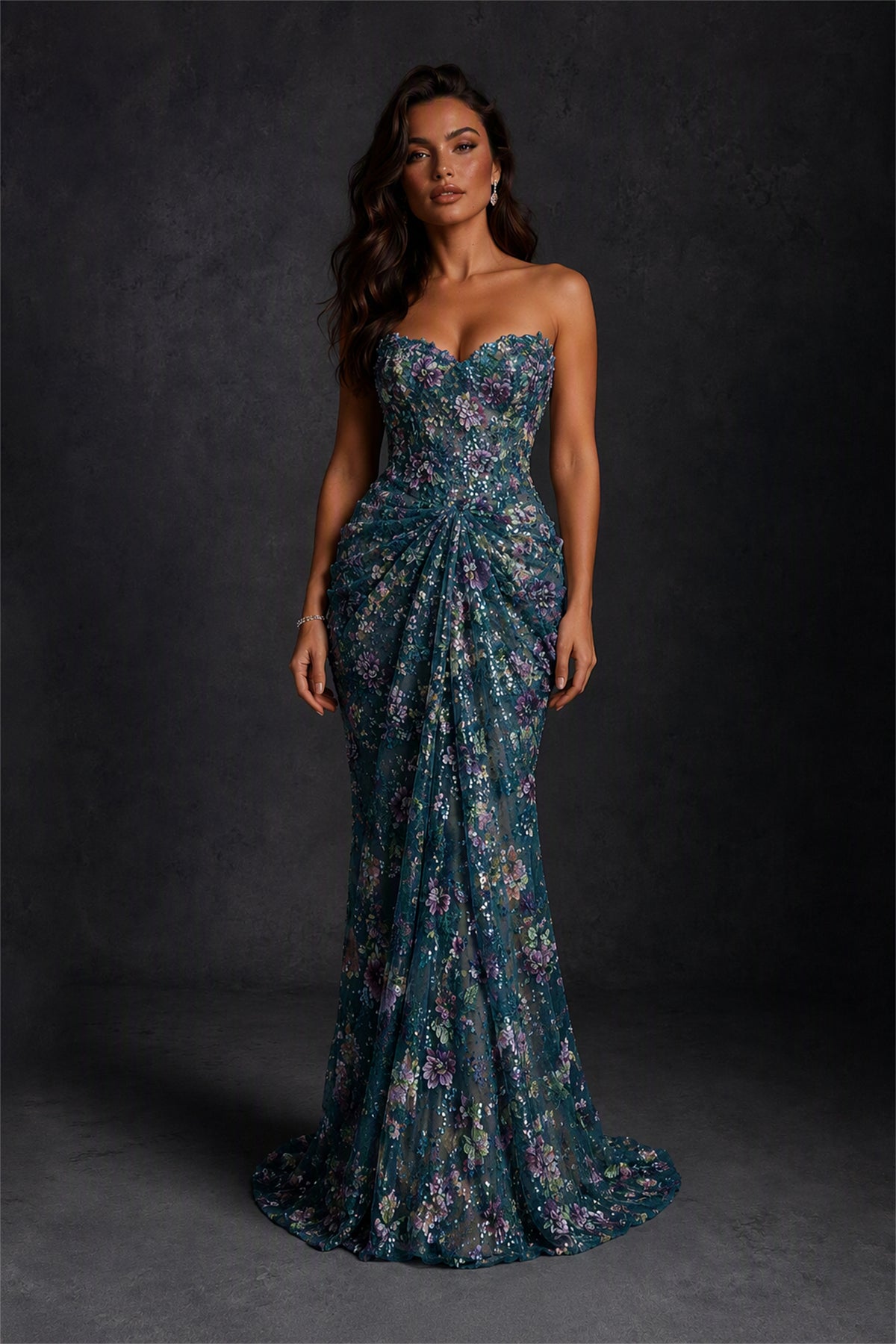 BOLODOO Peacock 3D Floral Sequin Strapless Mermaid Evening Gown with Sweep Train - Peacock