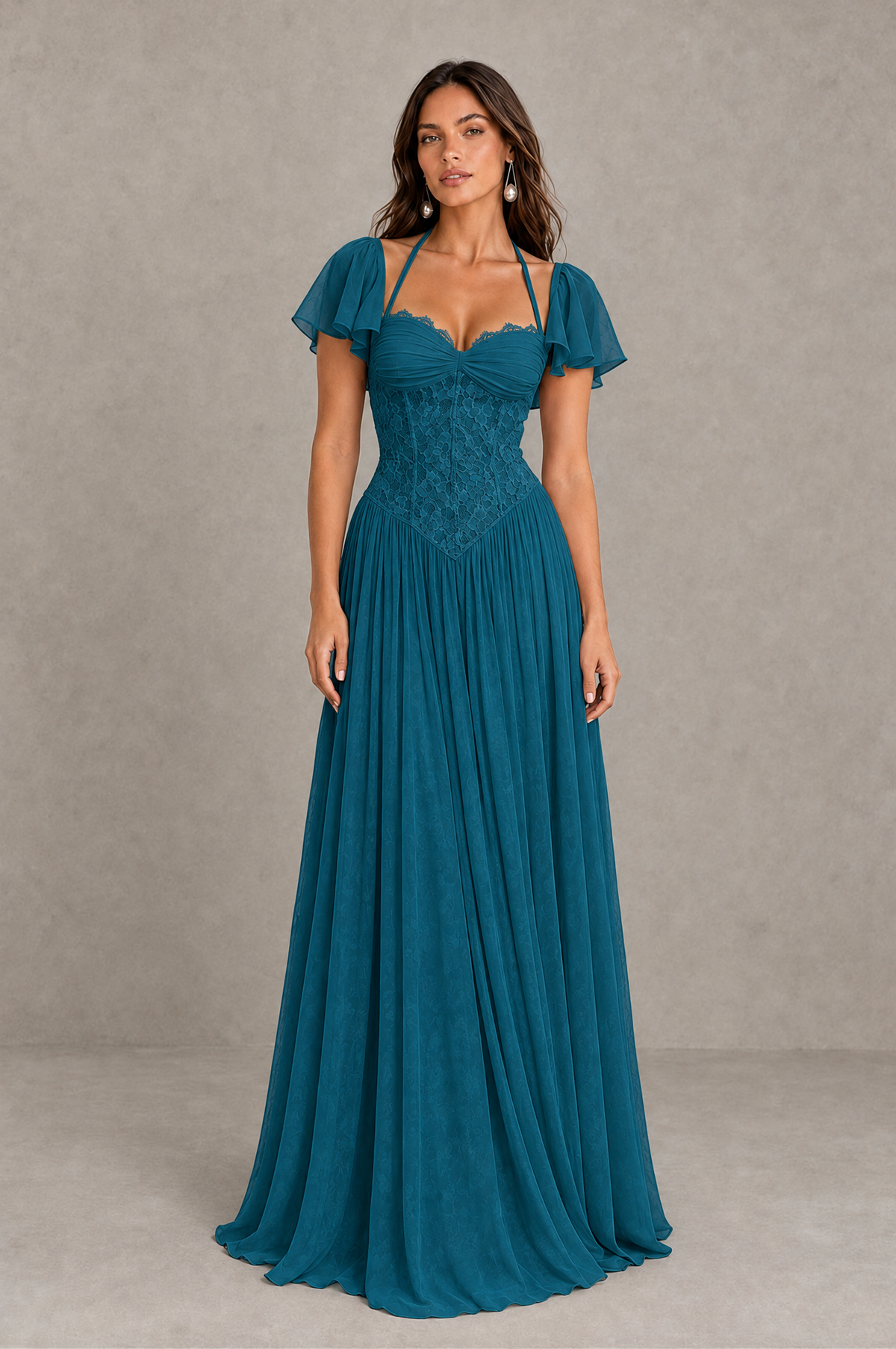BOLODOO Peacock Flutter Sleeve Lace Corset A-Line Maxi Dress 