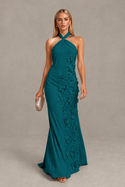 BOLODOO Peacock Cross Halter Neck 3D Floral Appliqué Backless Mermaid Maxi Gown 