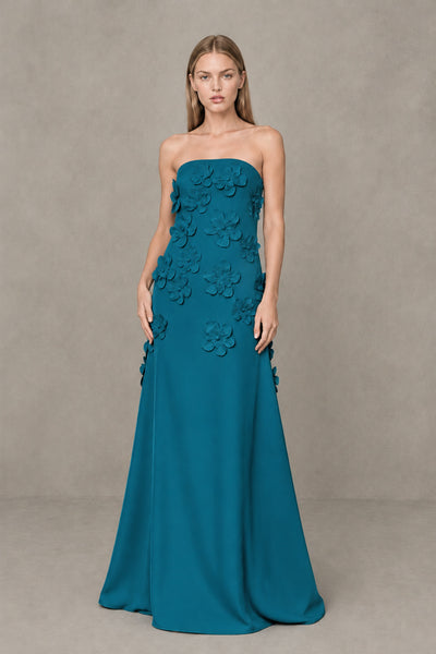 BOLODOO Peacock Strapless 3D Floral Appliqué Crepe Maxi Gown 