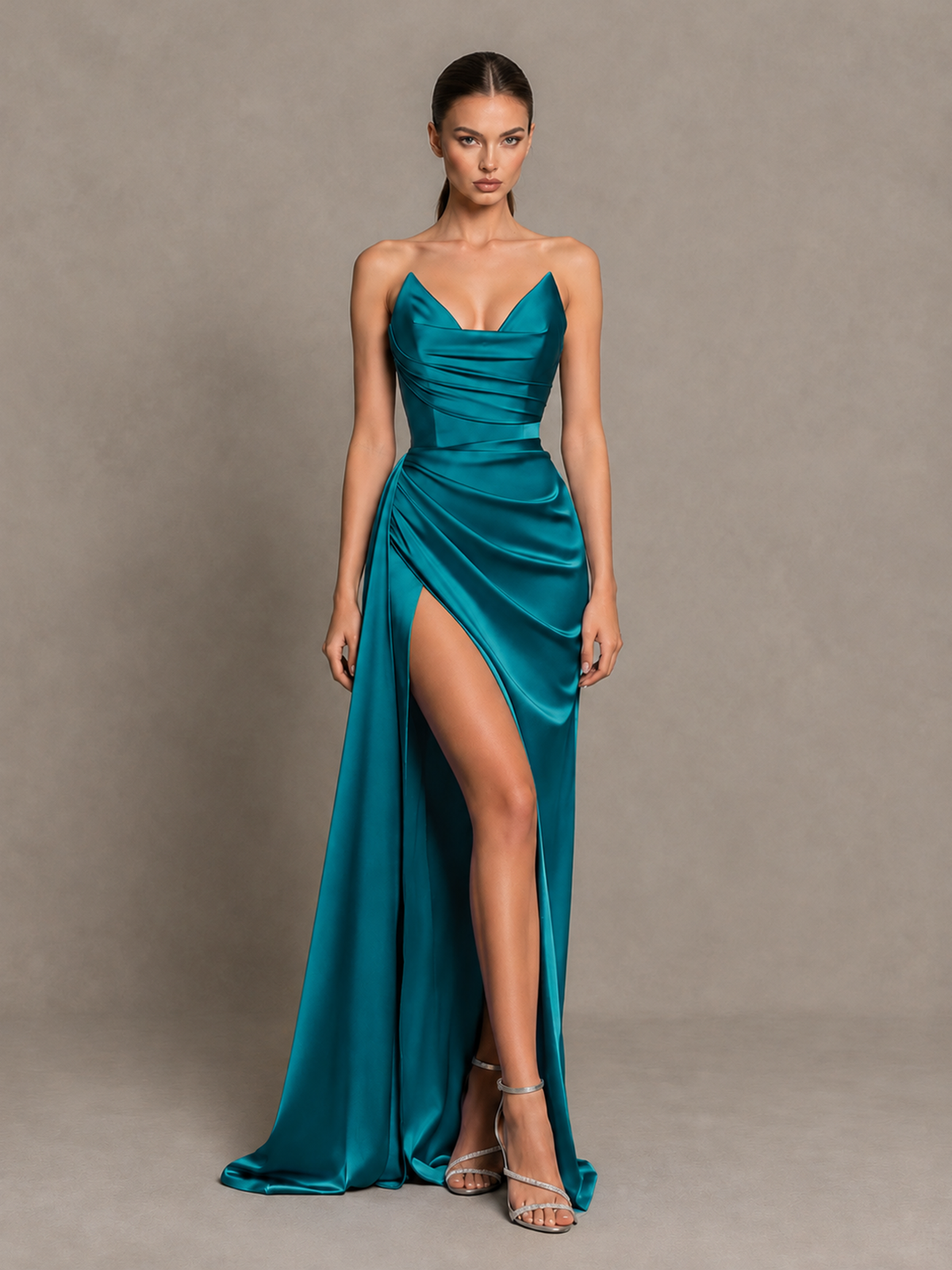 BOLODOO Peacock Strapless Satin High-Slit Lace-Up Prom Dress 