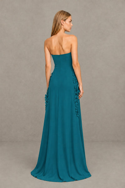 BOLODOO Peacock Strapless 3D Floral Appliqué Crepe Maxi Gown 
