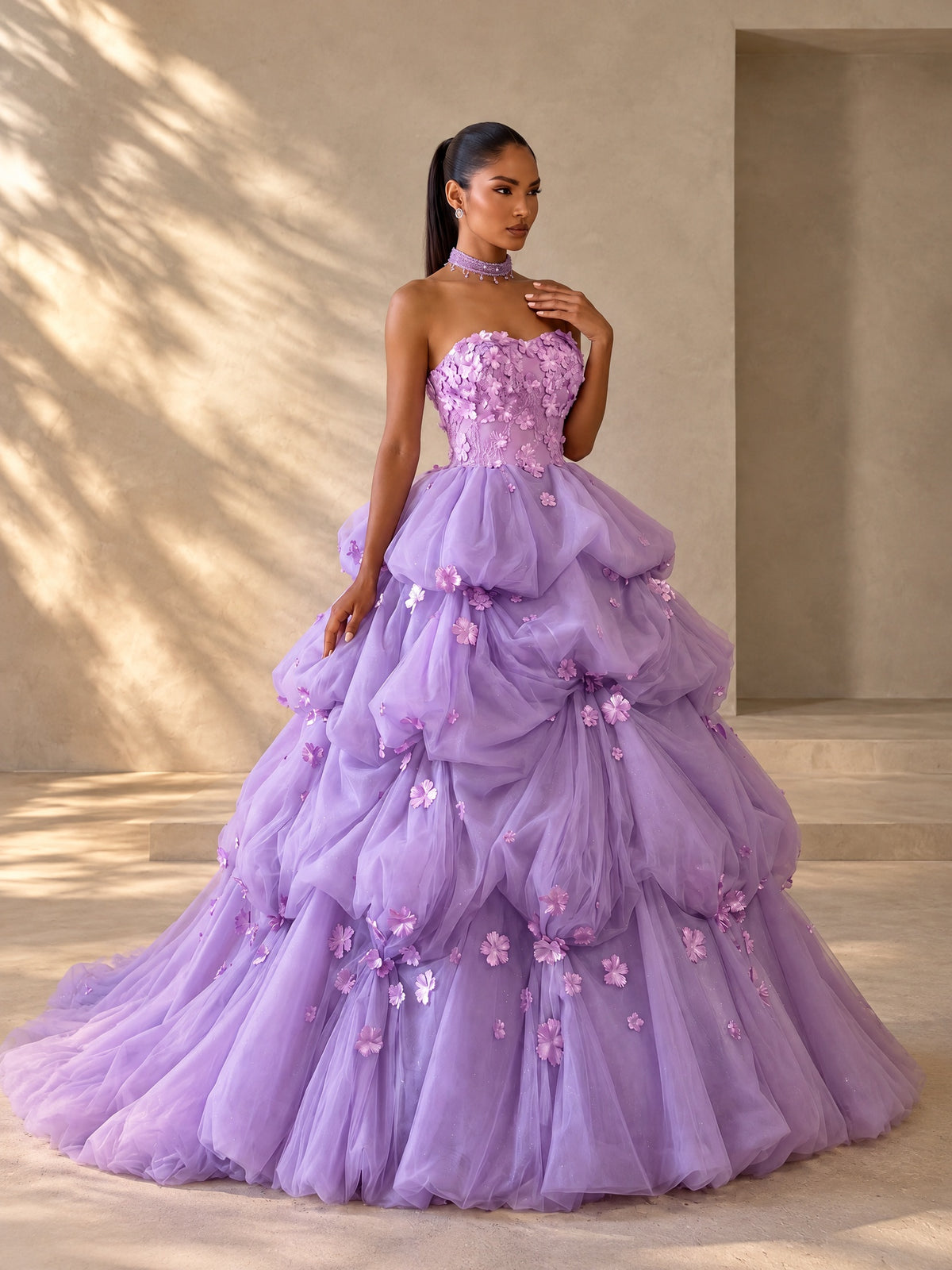 BOLODOO Lavender Strapless Floral Bridal Ball Gown with Train 