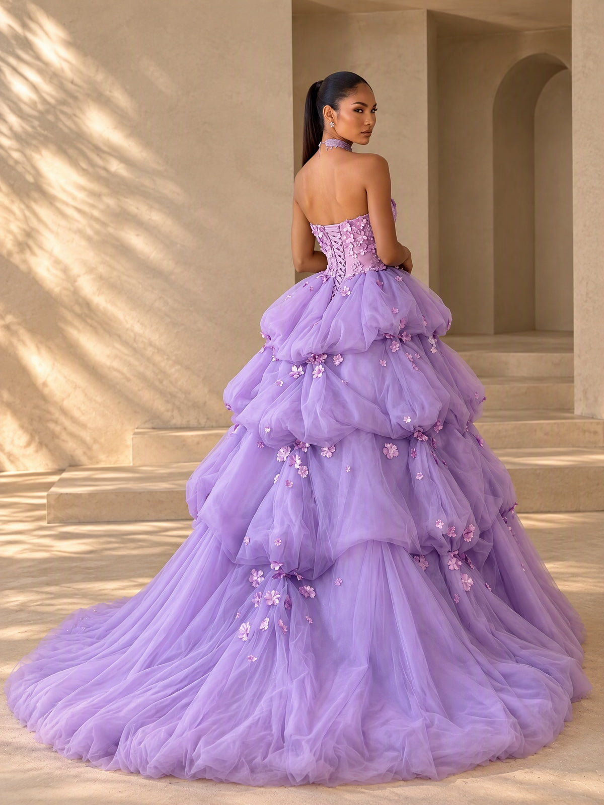 BOLODOO Lavender Strapless Floral Bridal Ball Gown with Train 