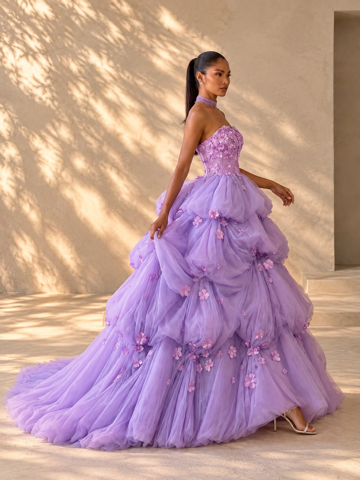 BOLODOO Lavender Strapless Floral Bridal Ball Gown with Train 