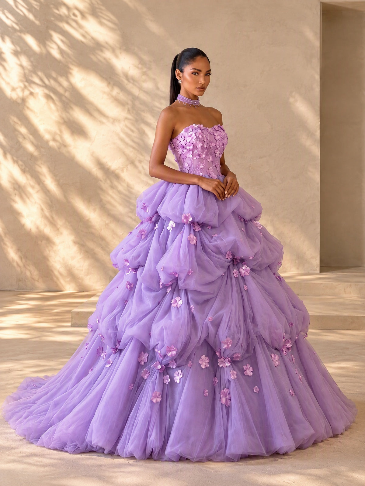 BOLODOO Lavender Strapless Floral Bridal Ball Gown with Train 