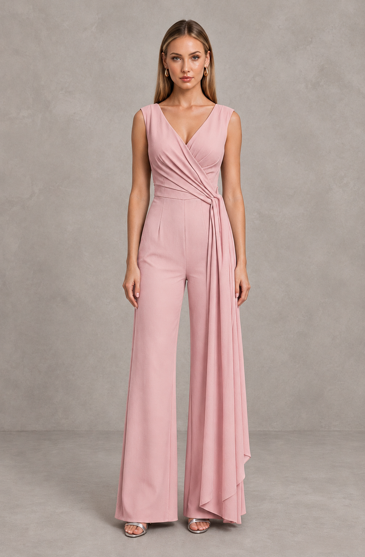 BOLODOO Pink Sleeveless V-Neck Wide-Leg Jumpsuit with Side Drape - Pink - Pink_01