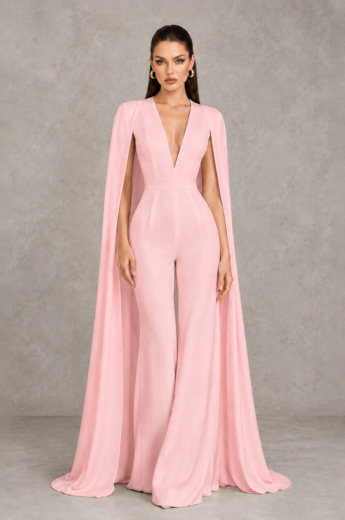BOLODOO Pink Deep V-Neck Cape Sleeve Bridal Jumpsuit - Pink - Pink_01