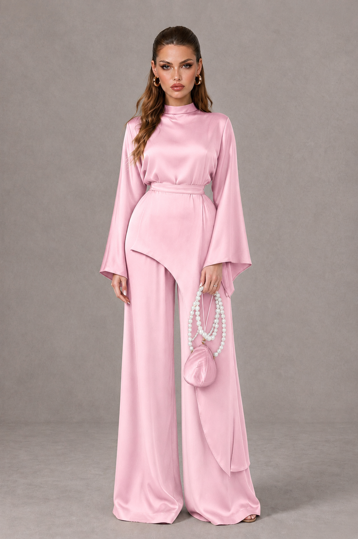 BOLODOO Pink Satin-Look Long Sleeve Wide-Leg Jumpsuit - Pink - Pink_01