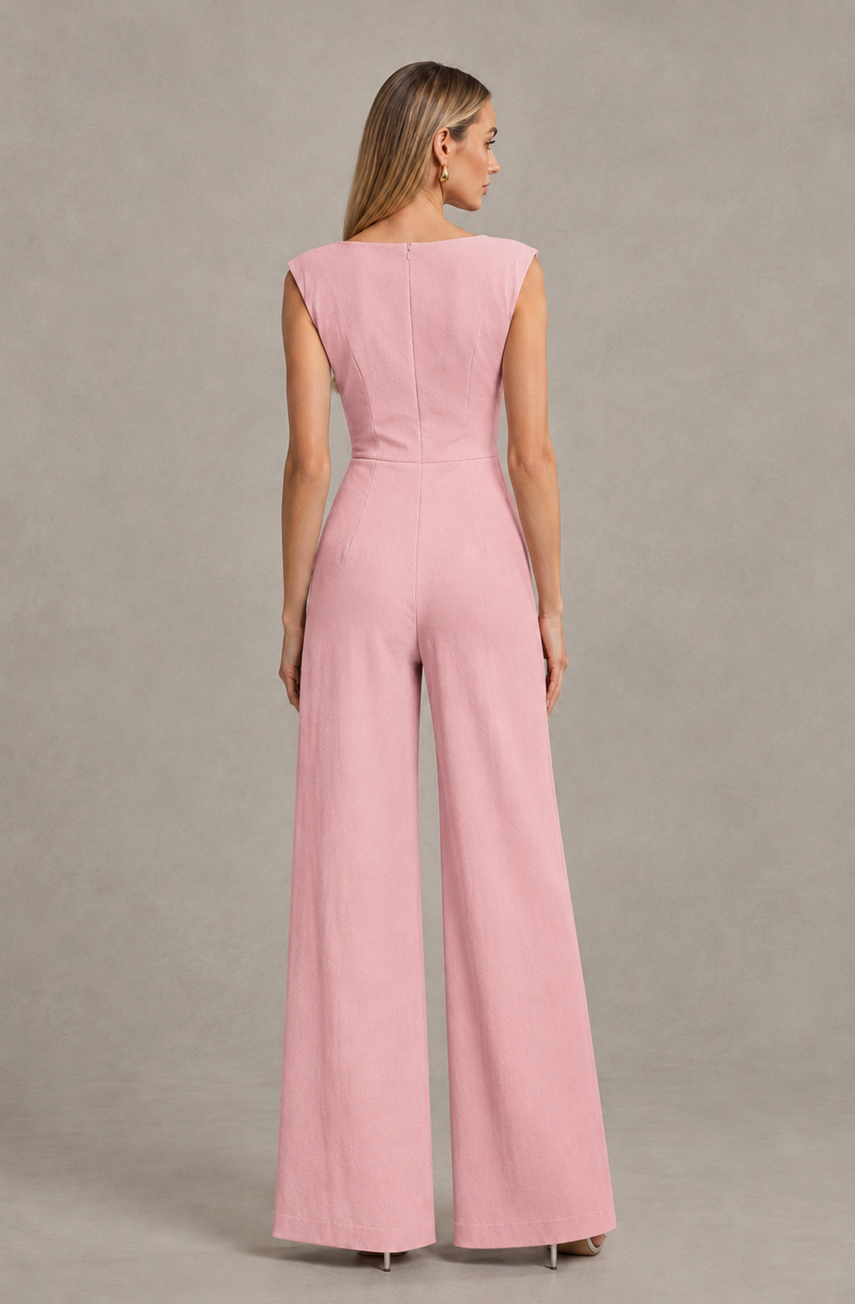 BOLODOO Pink Sleeveless V-Neck Wide-Leg Jumpsuit with Side Drape - Pink - Pink_02