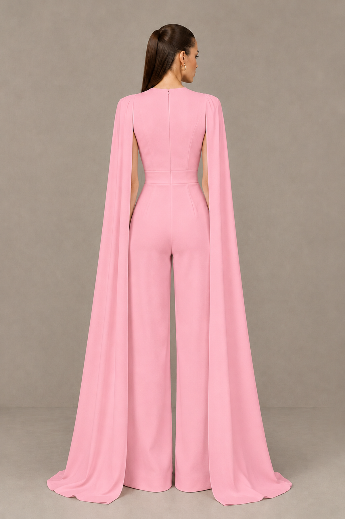 BOLODOO Pink Deep V-Neck Cape Sleeve Bridal Jumpsuit - Pink - Pink_02