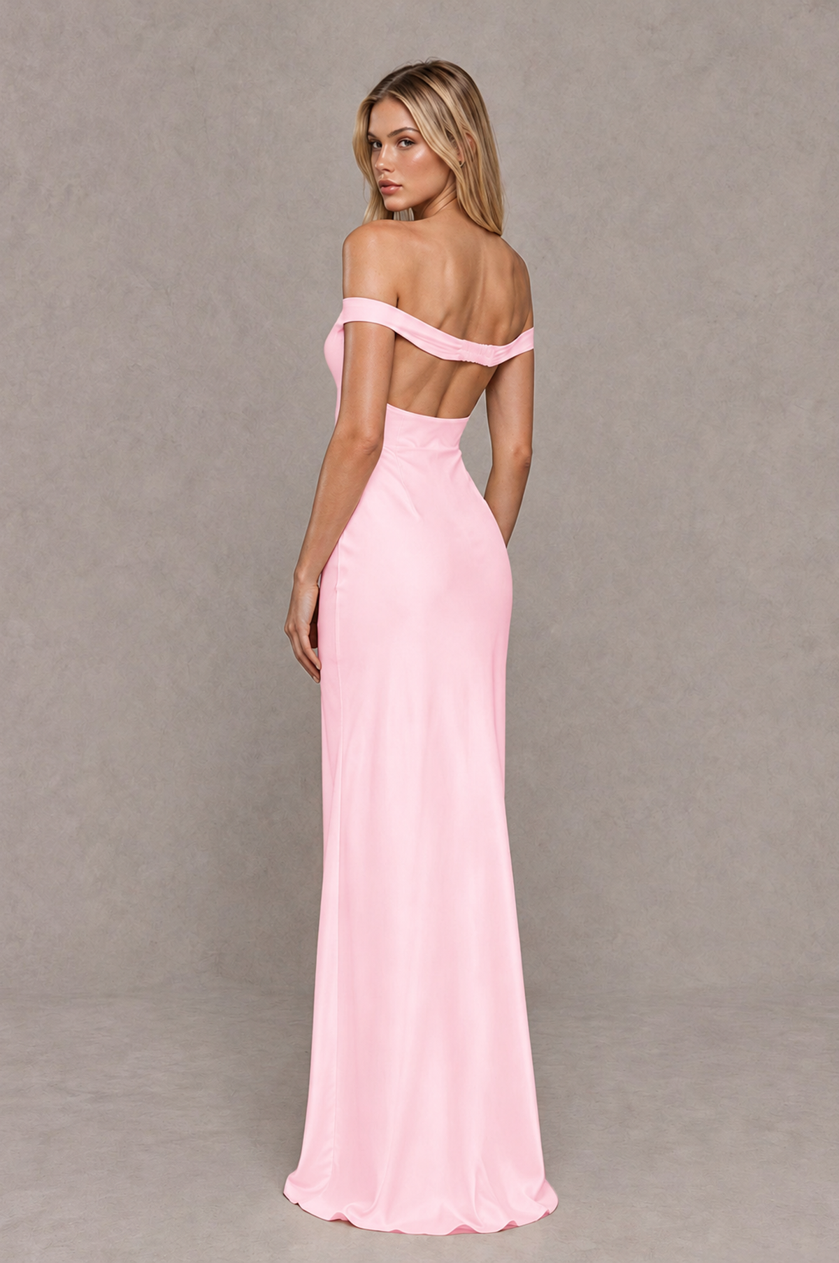 BOLODOO Pink Off-Shoulder Open-Back Satin Evening Gown - Pink - Pink_02