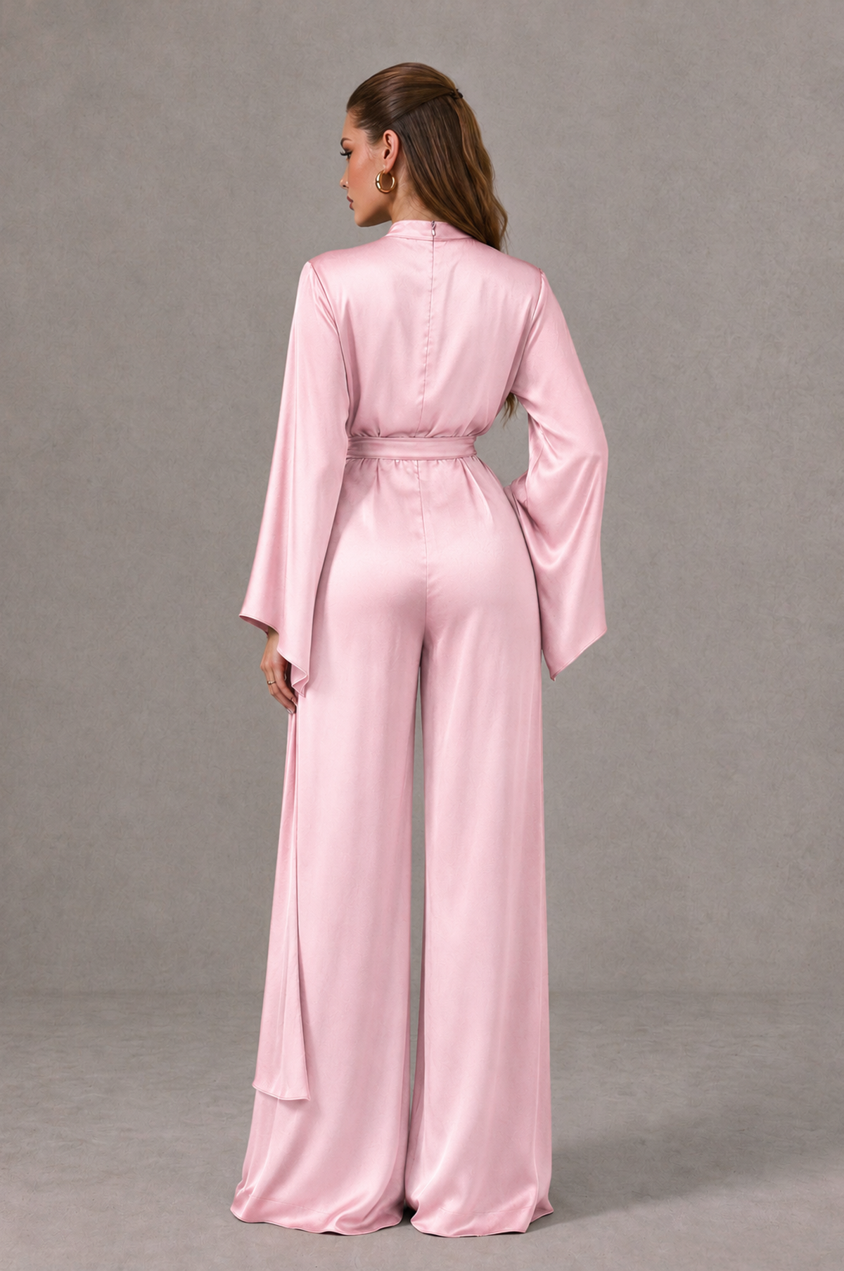 BOLODOO Pink Satin-Look Long Sleeve Wide-Leg Jumpsuit - Pink - Pink_02