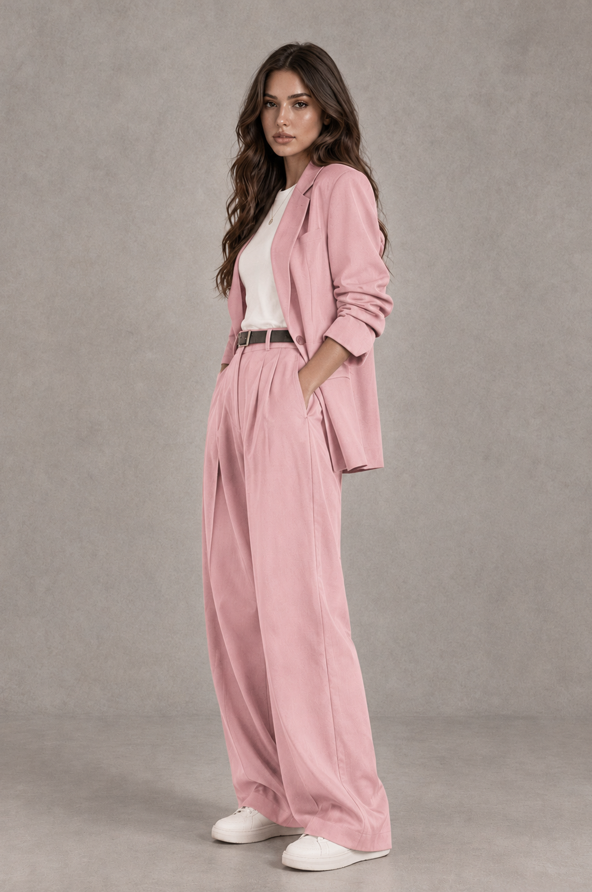 BOLODOO Pink Brown Blazer & Wide-Leg Pants Suit for Women - Pink - Pink_03