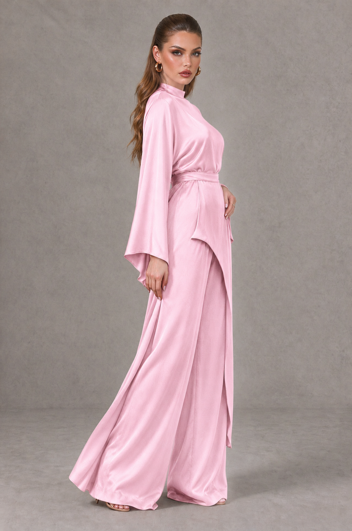 BOLODOO Pink Satin-Look Long Sleeve Wide-Leg Jumpsuit - Pink - Pink_03