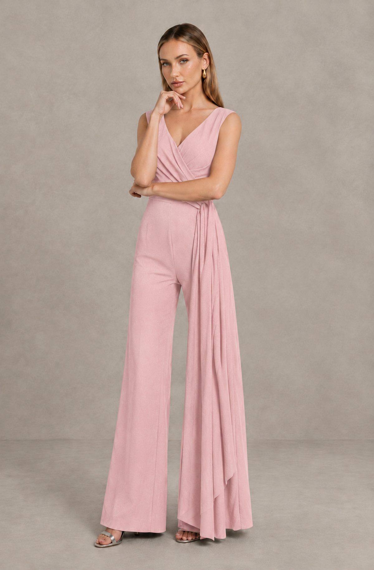 BOLODOO Pink Sleeveless V-Neck Wide-Leg Jumpsuit with Side Drape - Pink - Pink_03
