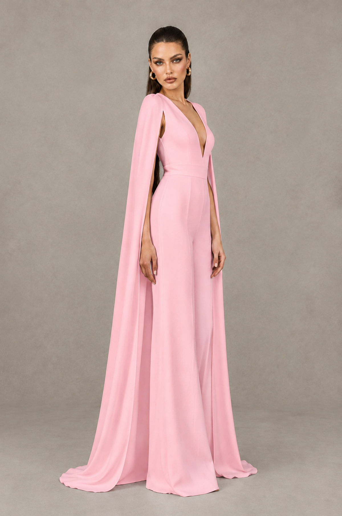 BOLODOO Pink Deep V-Neck Cape Sleeve Bridal Jumpsuit - Pink - Pink_03