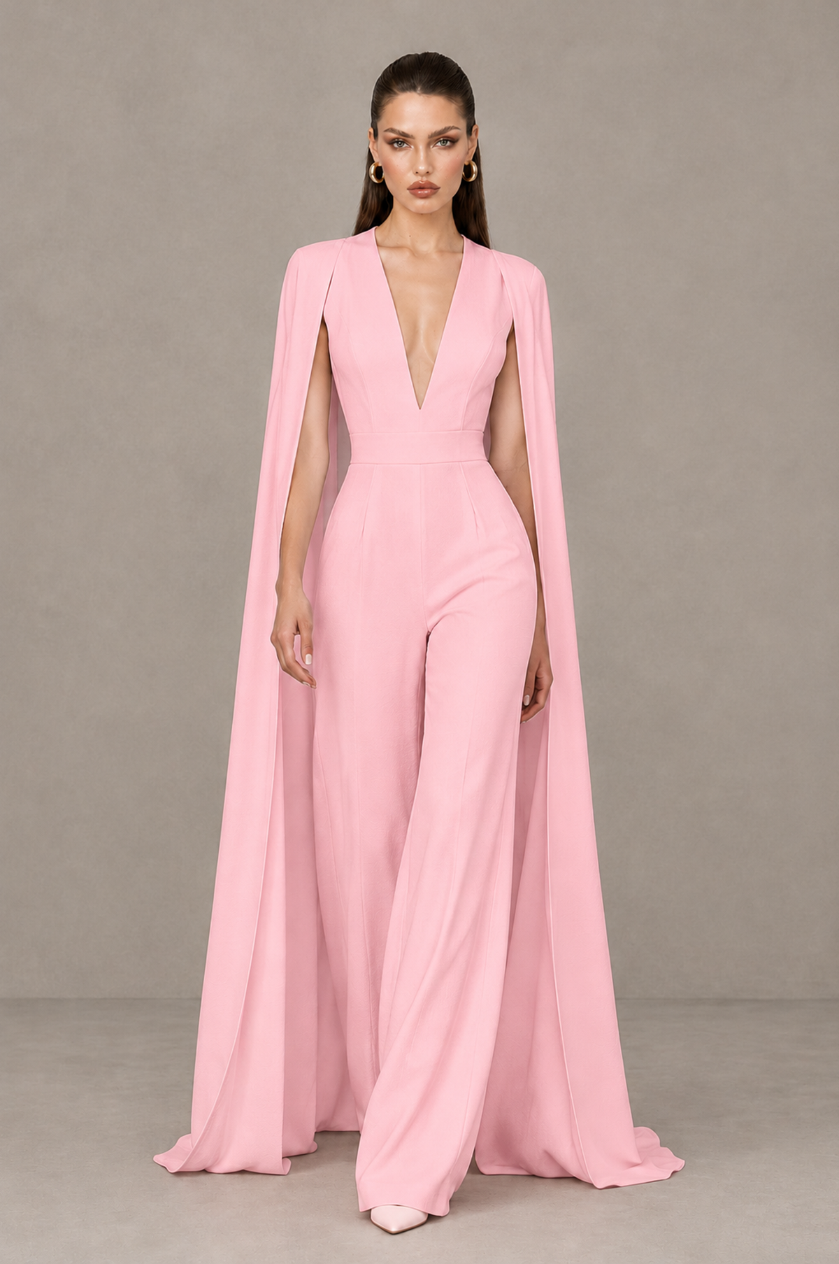 BOLODOO Pink Deep V-Neck Cape Sleeve Bridal Jumpsuit - Pink - Pink_04