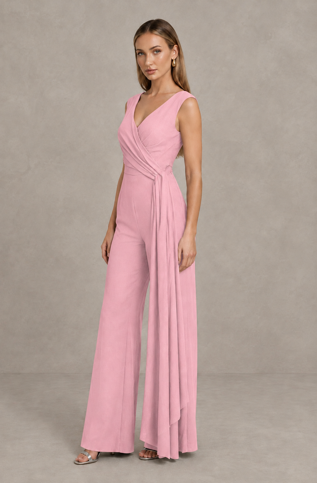 BOLODOO Pink Sleeveless V-Neck Wide-Leg Jumpsuit with Side Drape - Pink - Pink_04