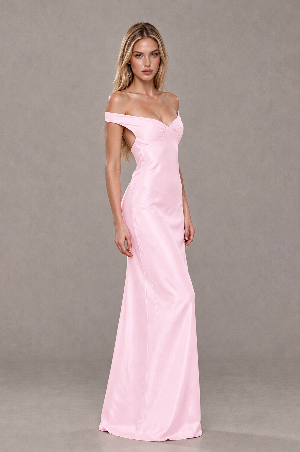 BOLODOO Pink Off-Shoulder Open-Back Satin Evening Gown - Pink - Pink_04