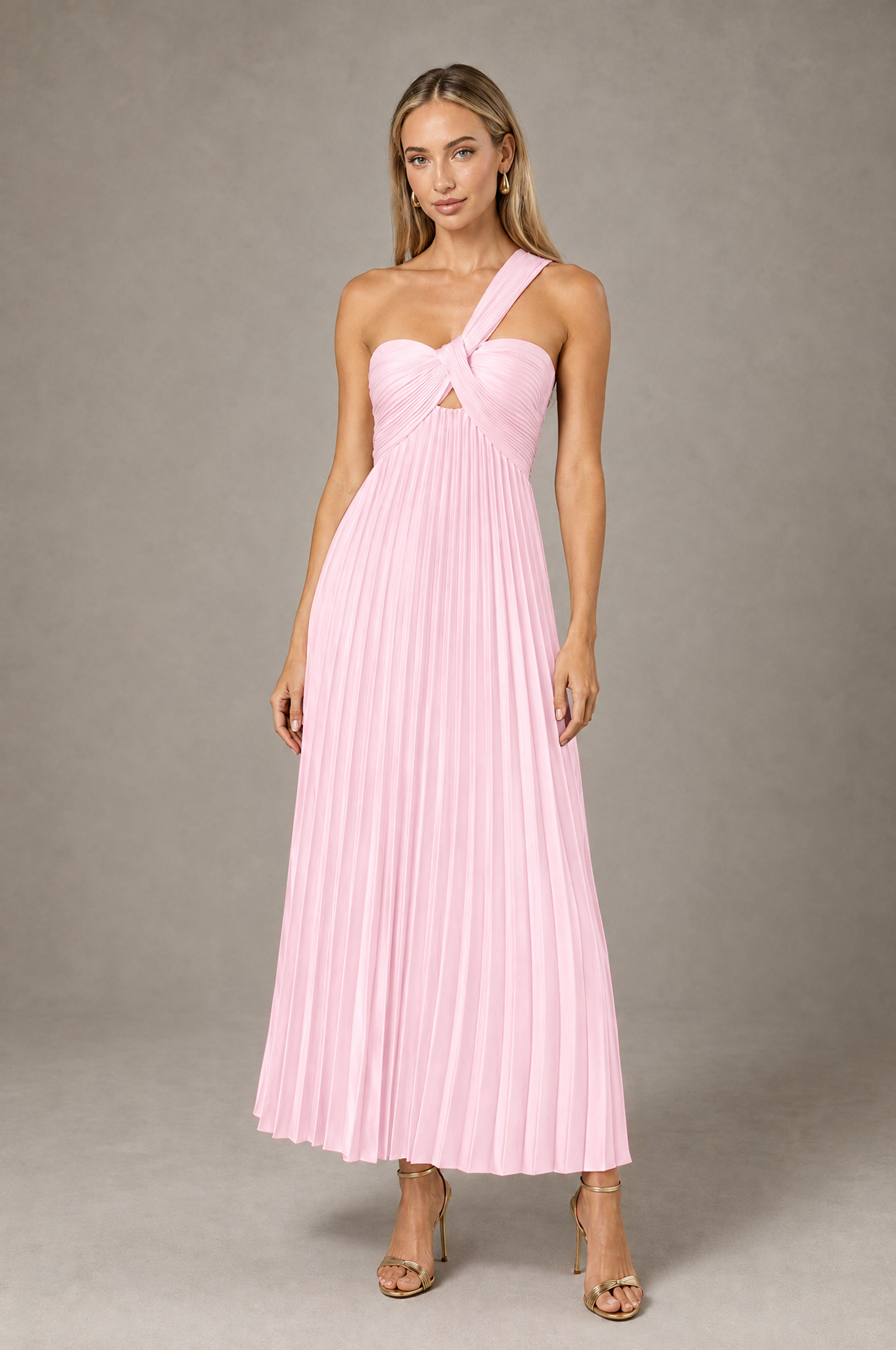 BOLODOO Pink One-Shoulder Twist Knot Pleated Satin Midi Dress with Cutout - Pink - Pink_1