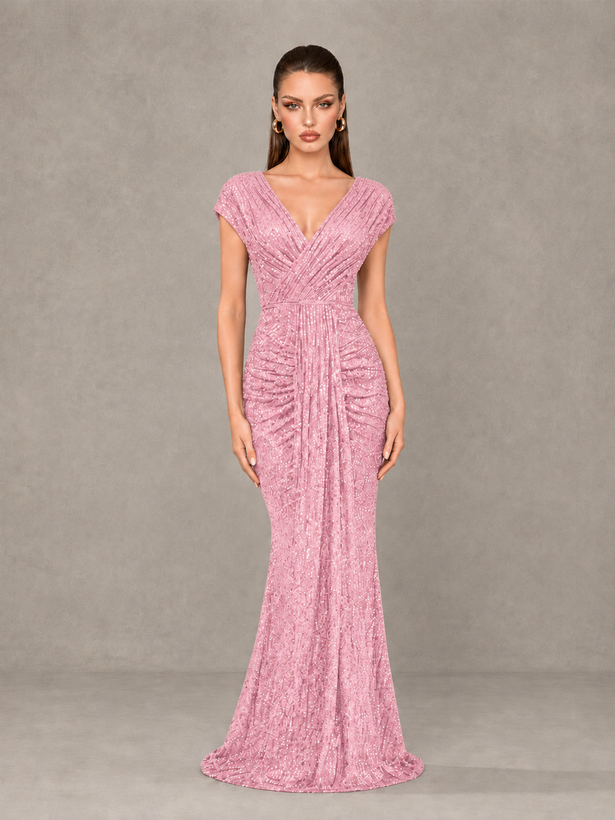 BOLODOO Pink Glitter V-Neck Cap Sleeve Ruched Mermaid Evening Gown - Pink - Pink_1