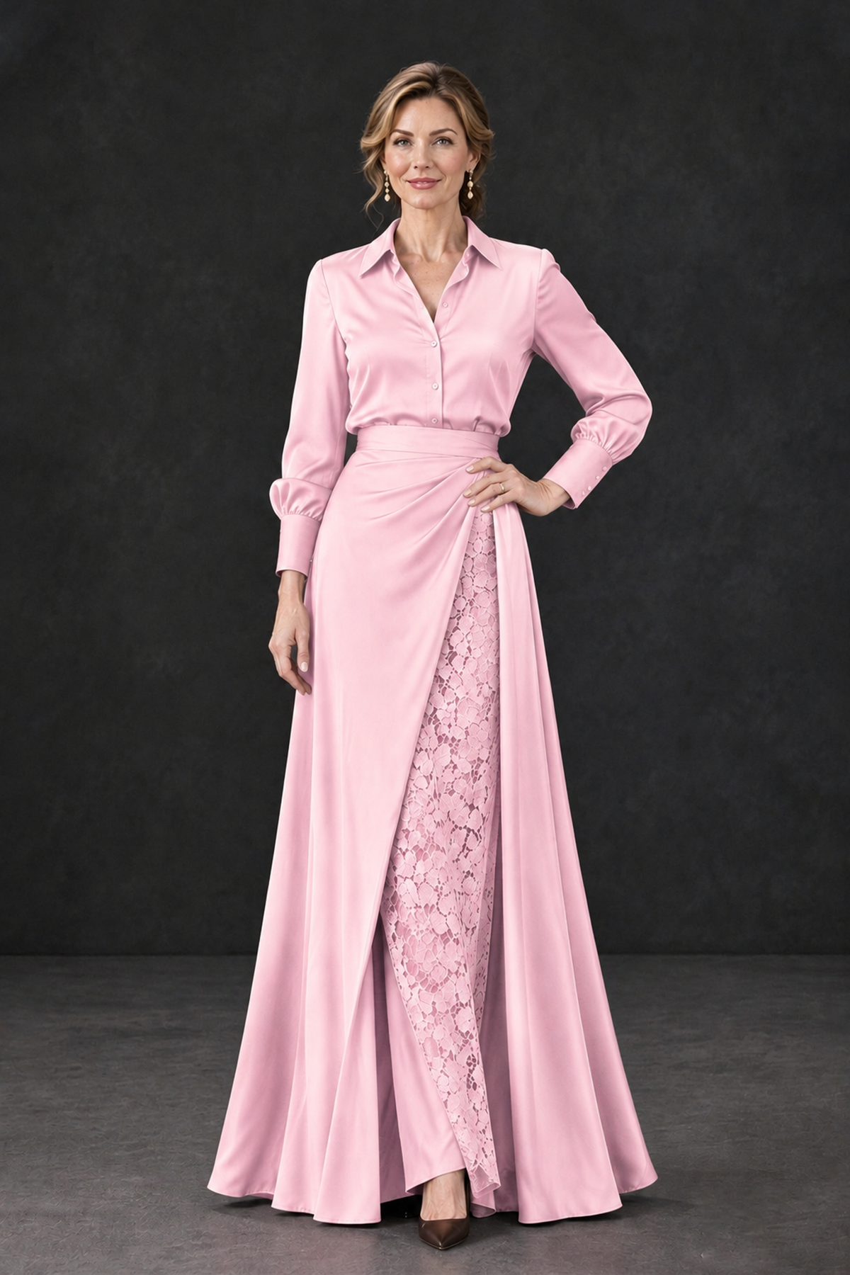 BOLODOO Pink Long Sleeve Satin-Look Lace Panel Gown - Pink - Pink_1