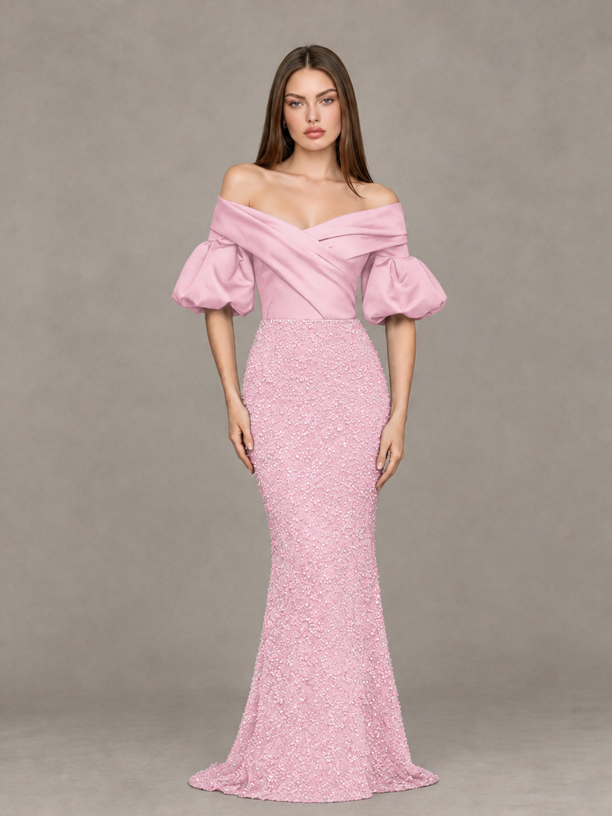 BOLODOO Pink Off-Shoulder Puff Sleeve Sequin Mermaid Evening Dress - Pink - Pink_1