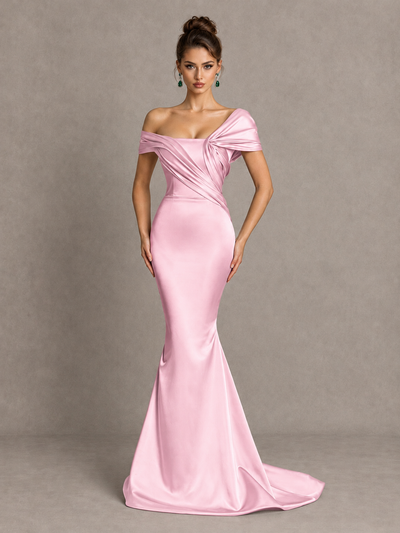 BOLODOO Pink Off-Shoulder Satin Mermaid Prom Dress - Pink - Pink_1