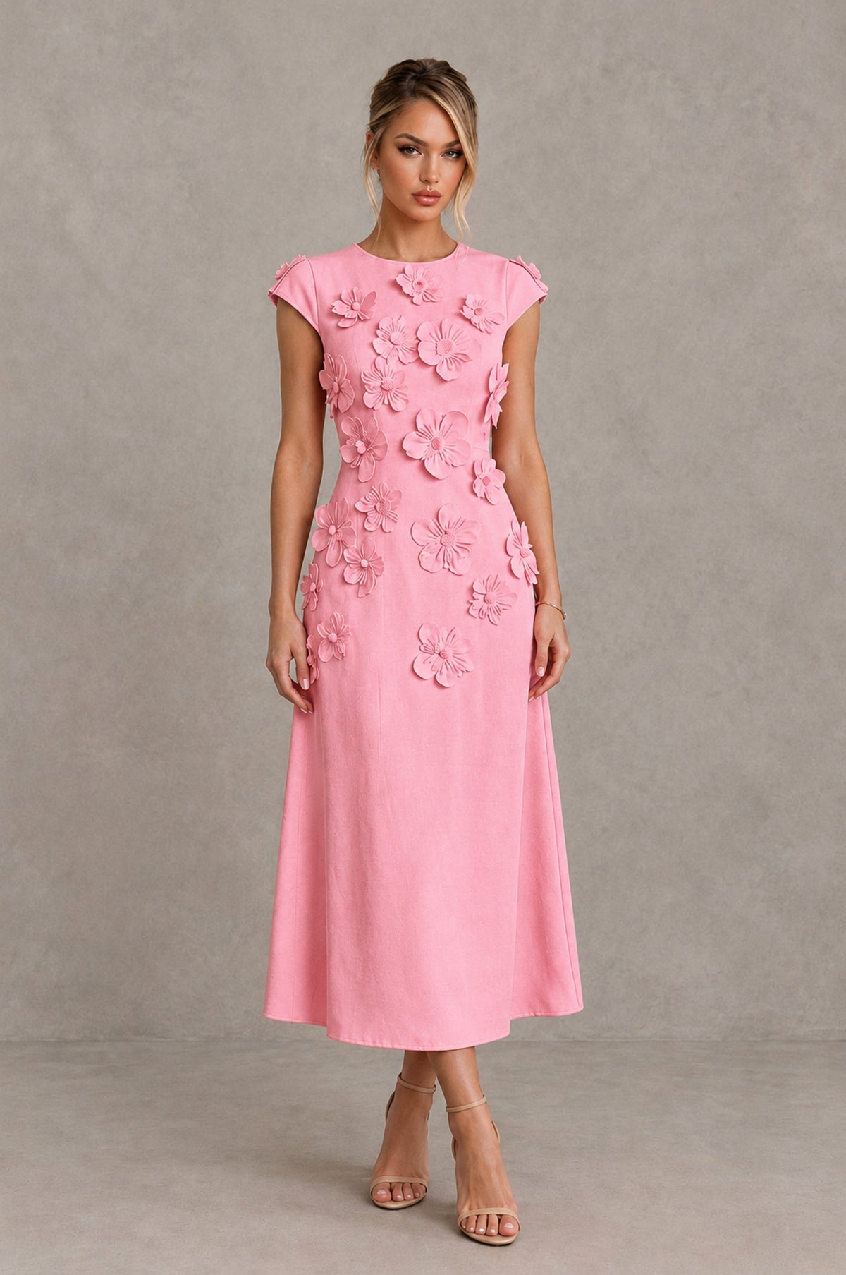 BOLODOO Pink 3D Floral Cap Sleeve Midi Cocktail Dress - Pink - Pink_1