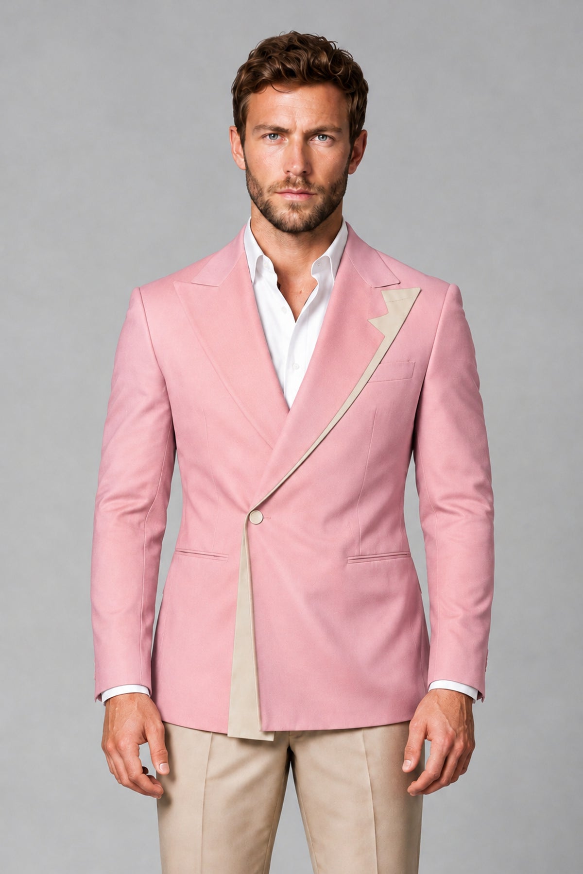 BOLODOO Men's Pink Double-Breasted Blazer & Khaki Trousers Tuxedo 2-Piece Suit Set - Pink - Pink_1