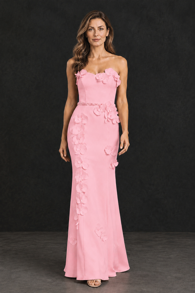 BOLODOO Pink Strapless Mother of the Bride Dress with 3D Floral Appliques - Pink - Pink_1