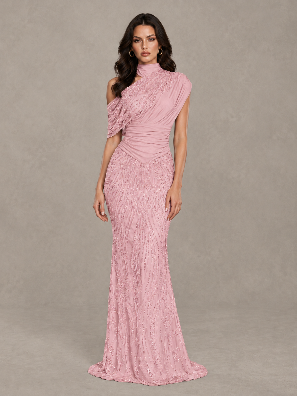 BOLODOO Pink High Neck Draped Sequin Mermaid Evening Gown - Pink - Pink_1