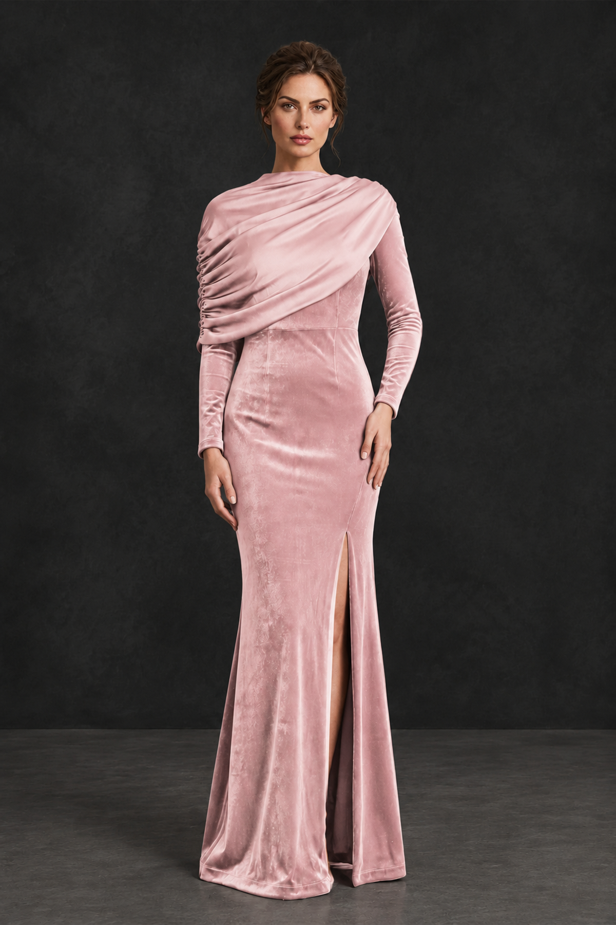 BOLODOO Pink Velvet Long Sleeve Draped Mother of the Bride Dress - Pink - Pink_1