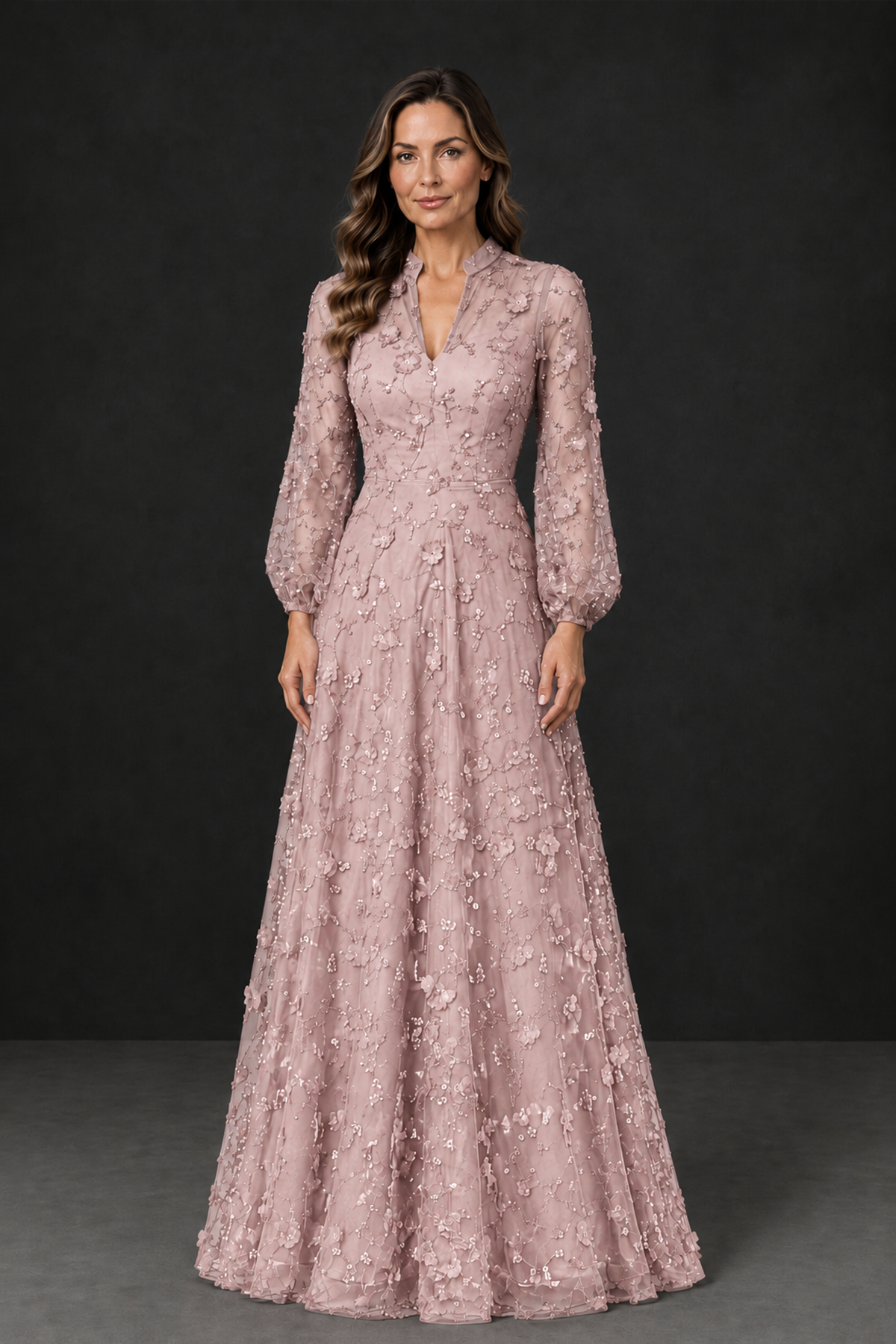 BOLODOO Pink Long Sleeve Floral Mother of the Bride Dress - Pink - Pink_1