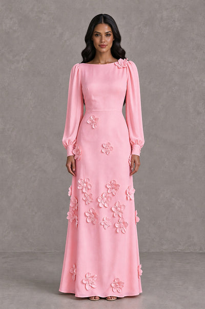BOLODOO Pink Long Sleeve Floral Applique A-Line Evening Dress - Pink - Pink_1