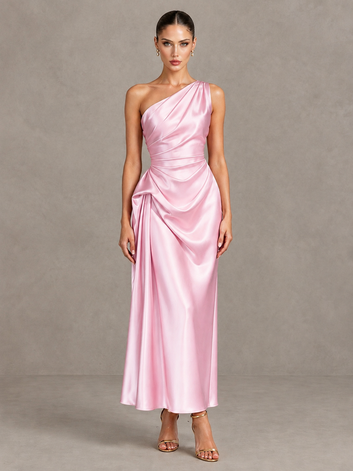 BOLODOO Pink One Shoulder Satin Cocktail Dress with Draped A-Line Skirt - Pink - Pink_1