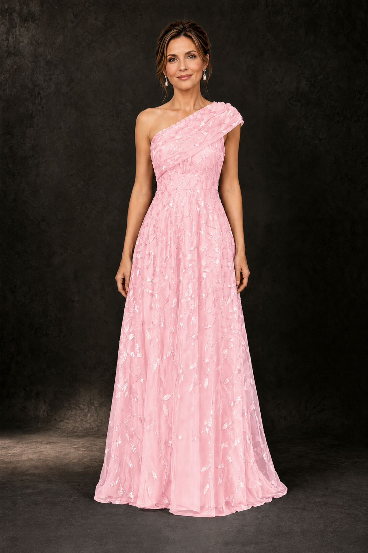 BOLODOO Pink Leaf Sequin One-Shoulder A-Line Maxi Gown – Mother of the Bride & Formal Evening Dress - Pink - Pink_1