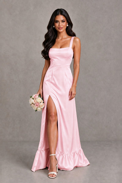 BOLODOO Pink Square Neck Satin Evening Dress with Lace-Up Back and High Slit - Pink - Pink_1