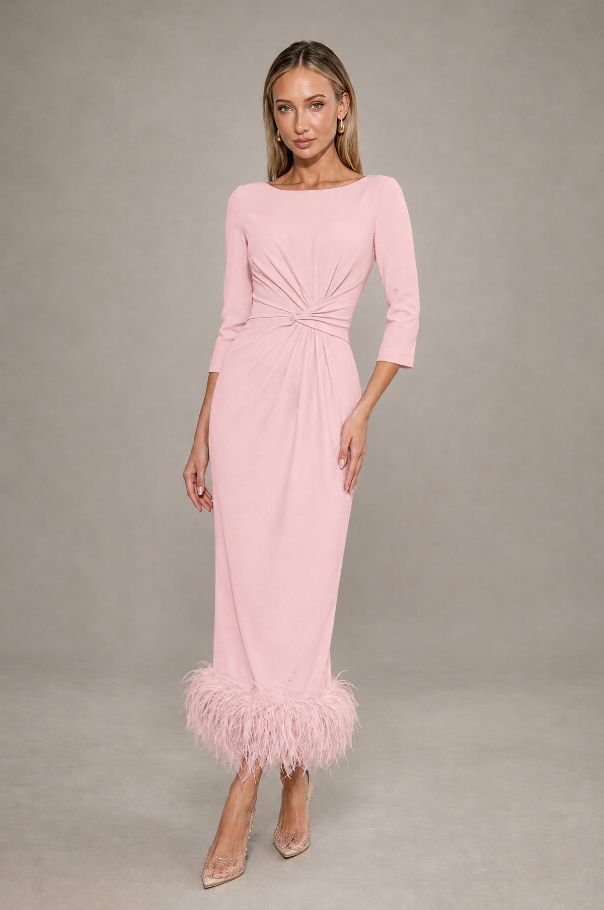 BOLODOO Pink Feather-Trim Twist-Waist Midi Dress - Pink - Pink_1