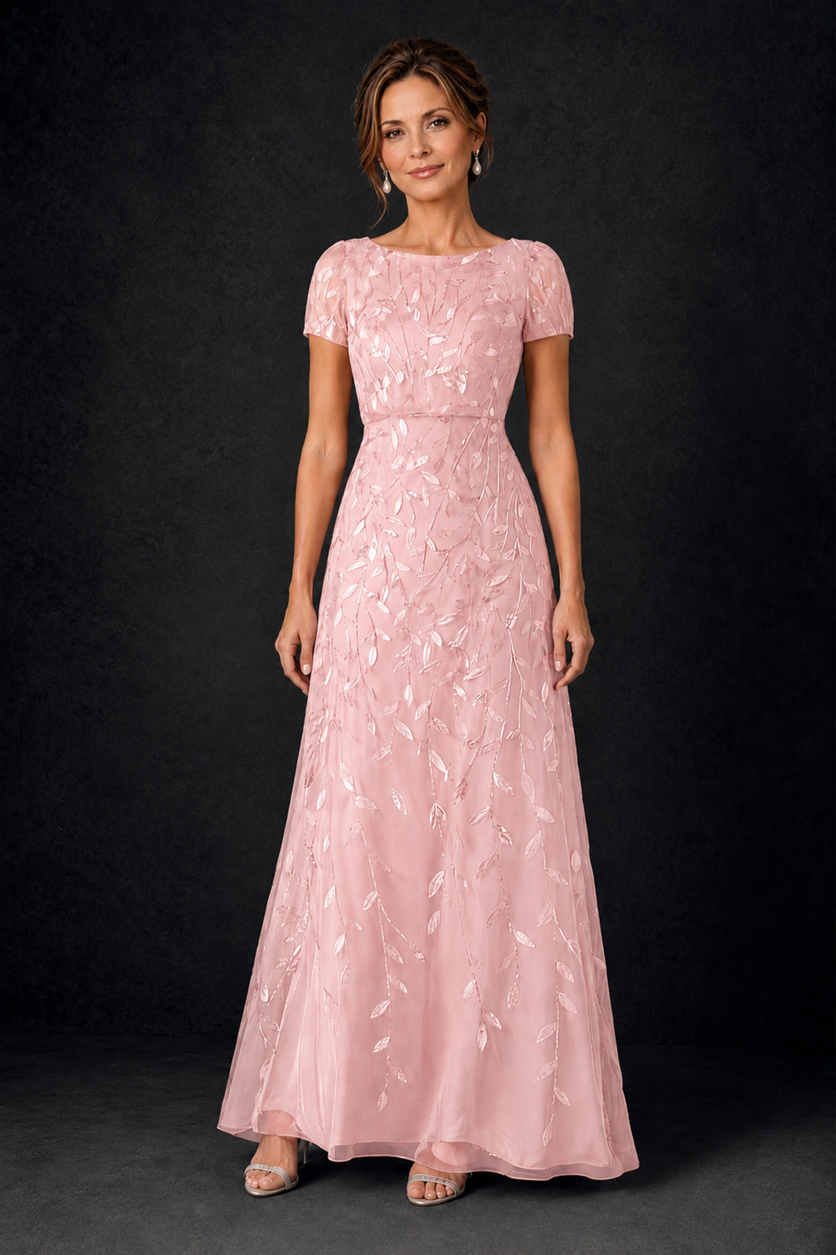 BOLODOO Pink Leaf Embroidered A-Line Formal Gown with Cap Sleeves - Pink - Pink_1